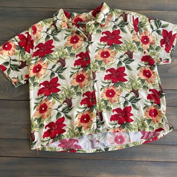 Palm Grove Tops - Palm Grove White Floral Hawaiian Button Front Shirt Womens Petite Large (C8)